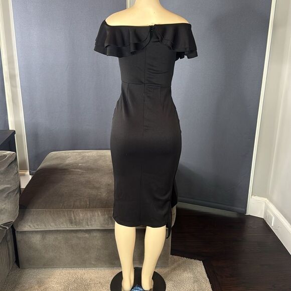 Women’s Black Off-Shoulder BodyCon Midi Dress with Ruffles Size S NWOT - Picture 5 of 13